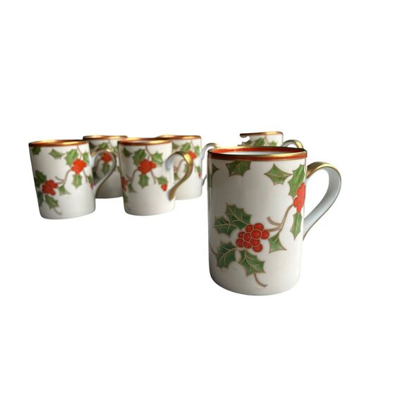 Fitz & Floyd Christmas Holly Mugs – Set of 6 (1982, Japan) new unused - Picture 1 of 6